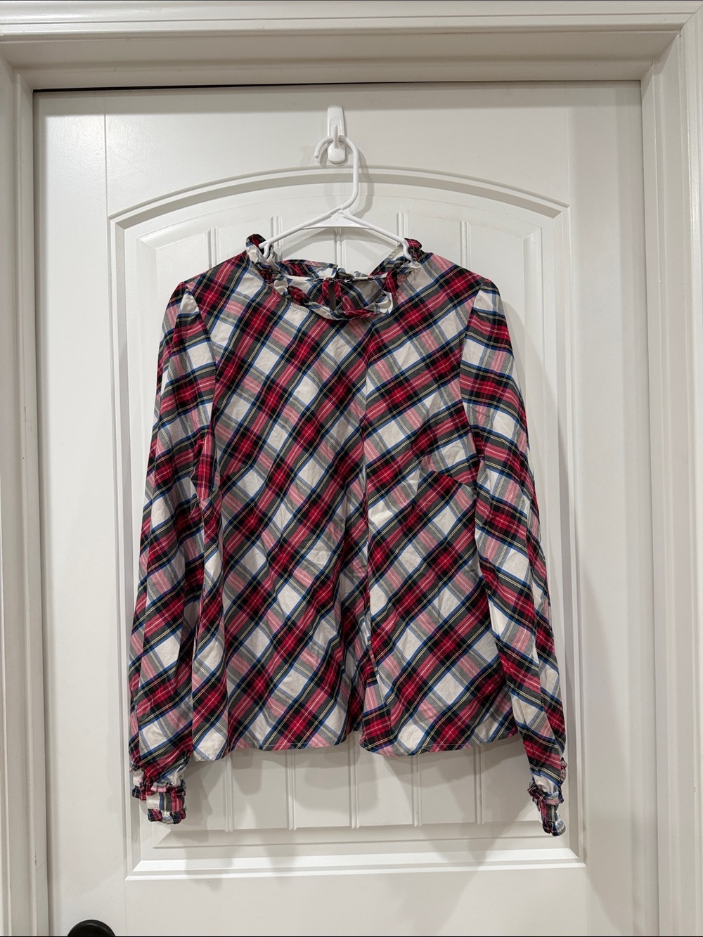 EUC J. Crew Red, Cream & Blue Tartan Plaid Ruffle-Neck Blouse - Picture 2 of 6